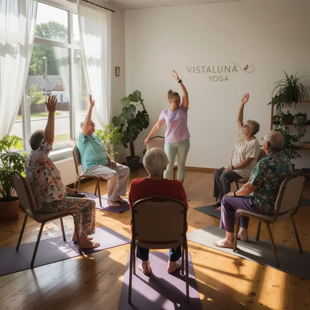 Instruktors demonstrē jogas pozas, kamēr vecāka gadagājuma cilvēki to seko līdzi.