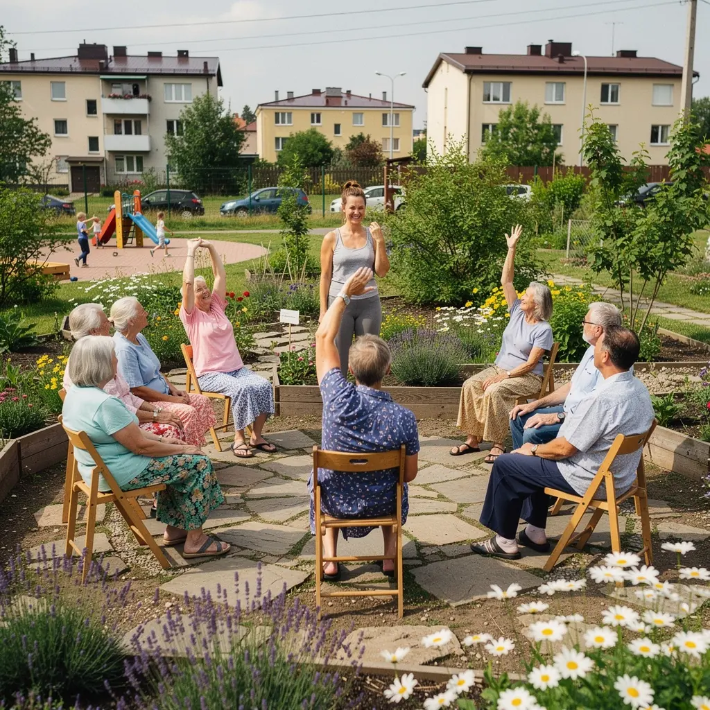 Vecāka gadagājuma cilvēks, kas praktizē jogu sēžot uz krēsla, mierīgā vidē.